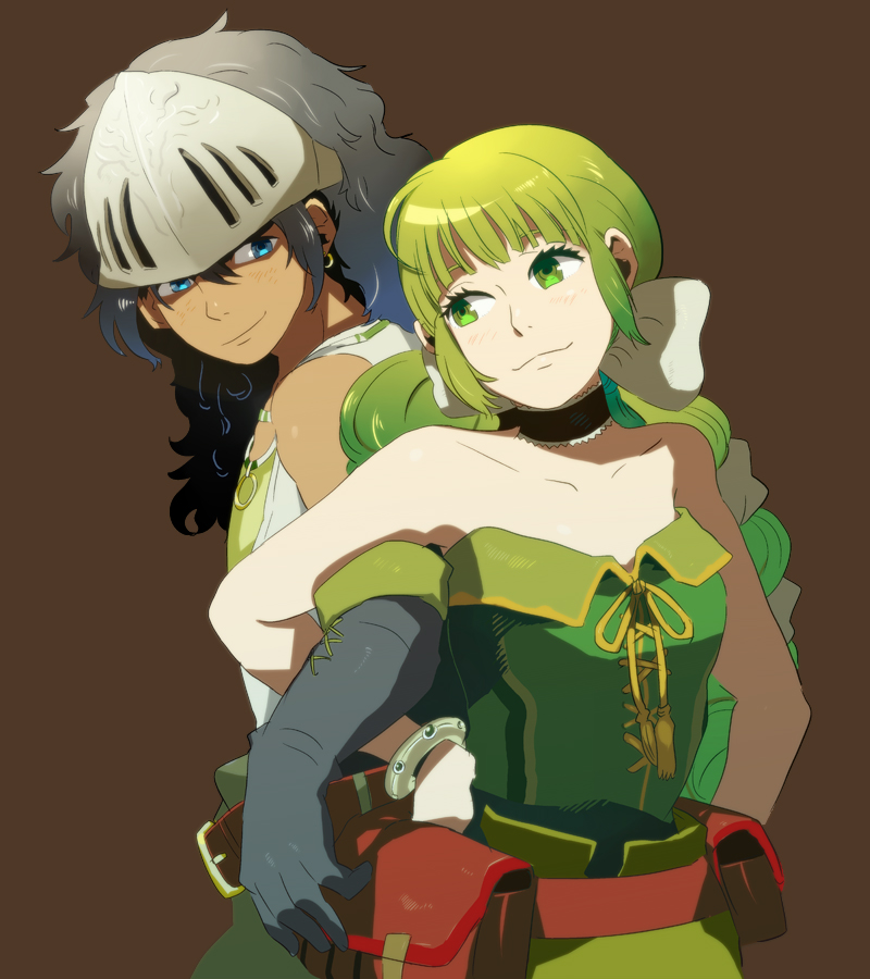 kaz (nishi kaz0112), virginia knights, william knights, saga, saga frontier 2, 1boy, 1girl, black hair, blue eyes, braid, brown background, gloves, green eyes, green hair, multi-tied hair, ribbon, simple background, time paradox