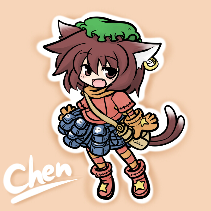 yanagi (nurikoboshi), chen, touhou, md5 mismatch, resolution mismatch, source smaller, 1girl, animal ears, bag, brown hair, cat ears, cat girl, cat tail, chibi, earrings, fang, female focus, gloves, hat, jewelry, multiple tails, pouch, solo, tail