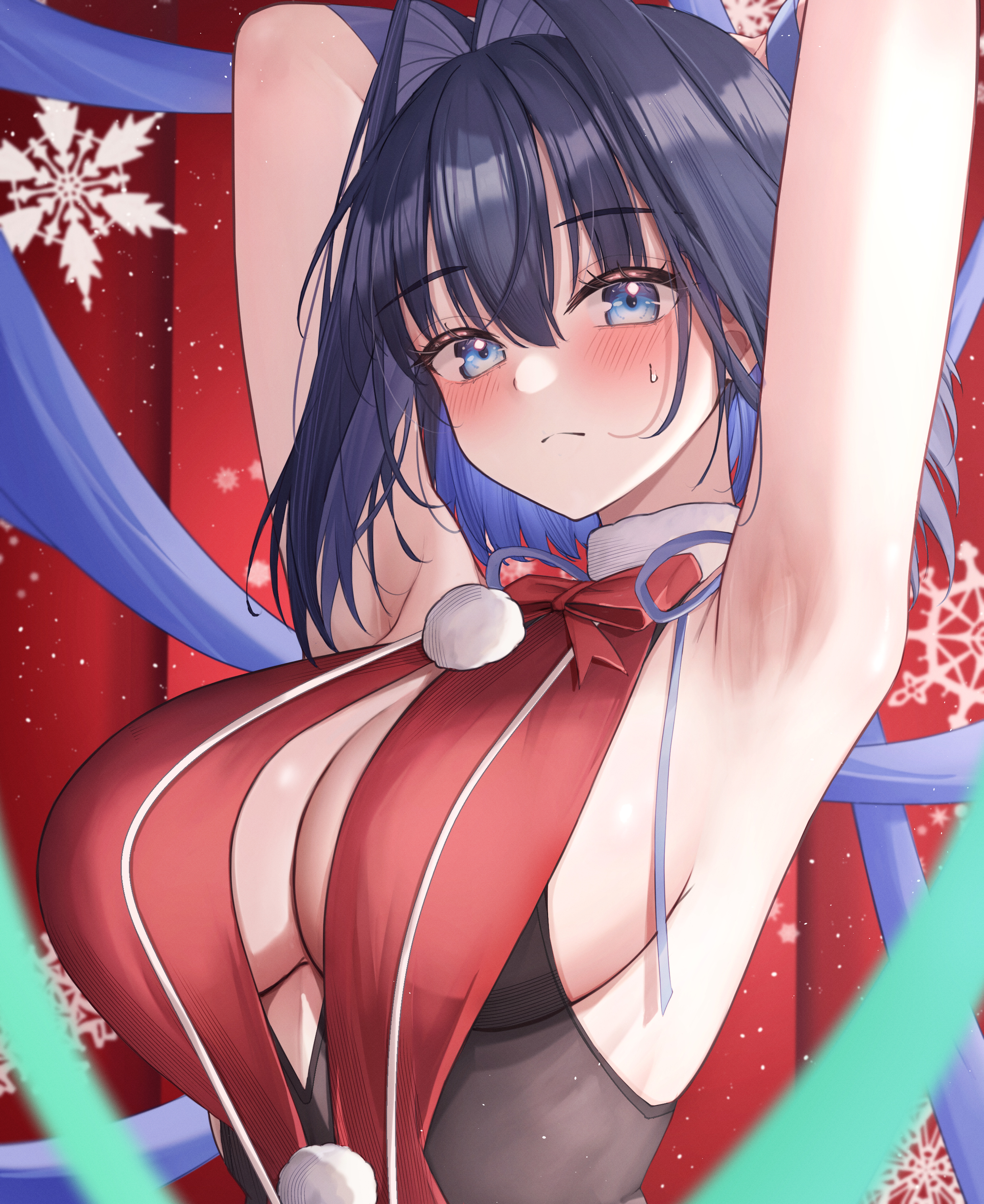 mofu07519, ouro kronii, hololive, hololive english, absurdres, commentary, english commentary, highres, 1girl, armpits, arms behind head, arms up, black hair, black shirt, blue eyes, blue hair, blush, bow, bowtie, breasts, cleavage, closed mouth, colored inner hair, fanged bangs, hair intakes, large breasts, looking at viewer, multicolored hair, pom pom (clothes), red bow, red bowtie, shirt, short hair, solo, upper body, virtual youtuber
