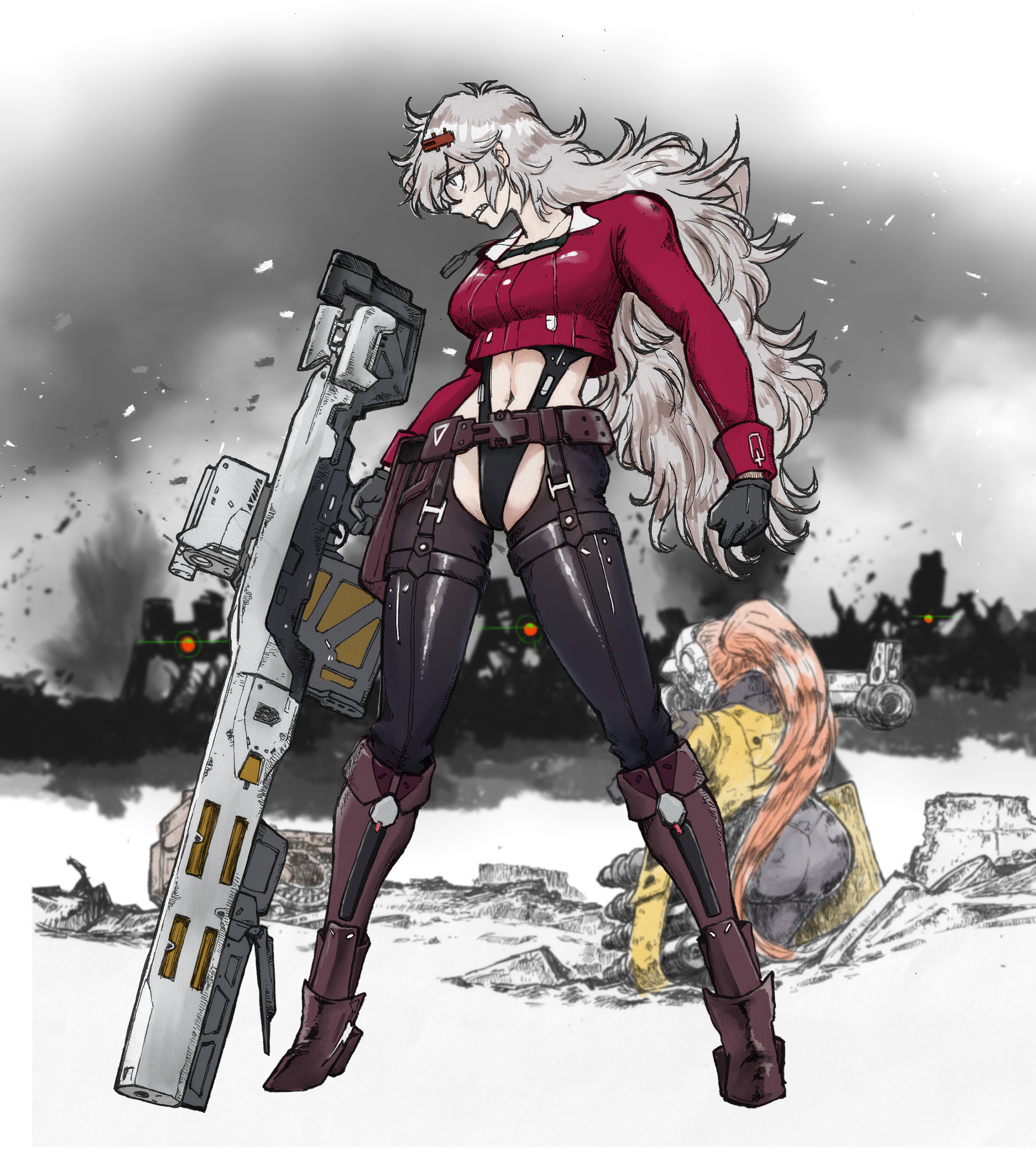 ogirin3948, idoll flower (nikke), mass-produced nikke, rapture (nikke), yulha (nikke), goddess of victory: nikke, absurdres, highres, 2girls, armored boots, battlefield, belt pouch, black gloves, black leotard, boots, chest strap, clothing cutout, cropped jacket, full body, gloves, grey hair, hair ornament, hairclip, jacket, leotard, long sleeves, messy hair, military, multiple girls, navel cutout, pouch, red jacket, sharp teeth, stomach cutout, teeth