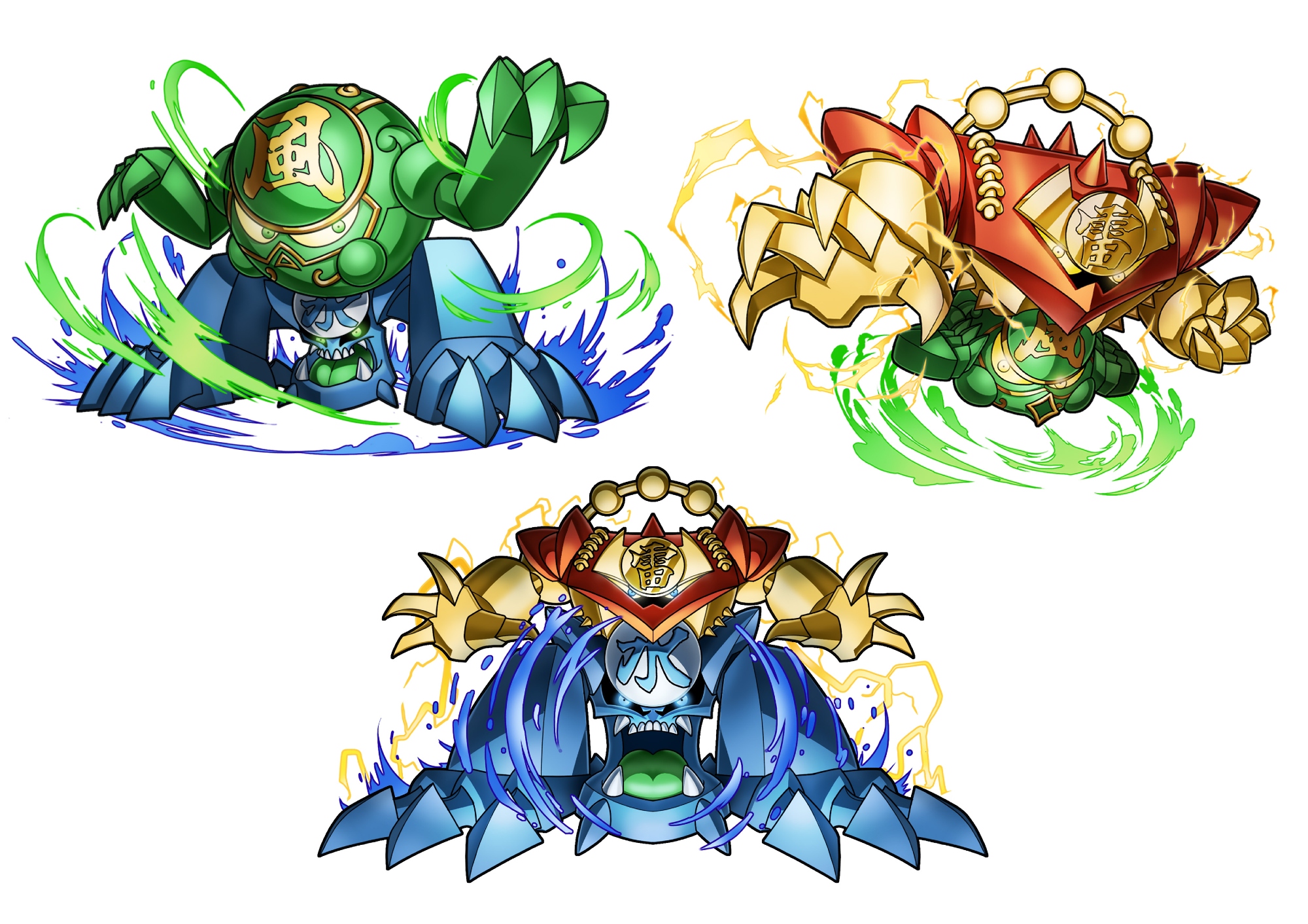 matsumoto (ma tsuya), yu-gi-oh!, highres, aerokinesis, angry, blue eyes, claws, colored tongue, duel monster, electricity, electrokinesis, gate guardian of the thunder and wind, gate guardian of the water and thunder, gate guardian of the water and winder, green eyes, green tongue, hydrokinesis, no humans, simple background, water, white background, wind, yellow eyes