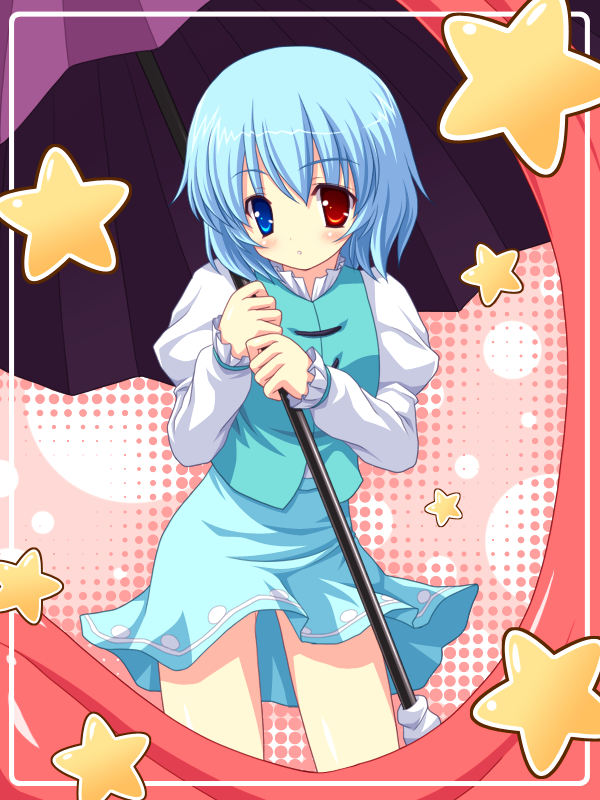 yamasan, tatara kogasa, touhou, 1girl, blue eyes, blue hair, blush, female focus, heterochromia, karakasa obake, matching hair/eyes, open mouth, red eyes, short hair, skirt, solo, star (symbol), umbrella