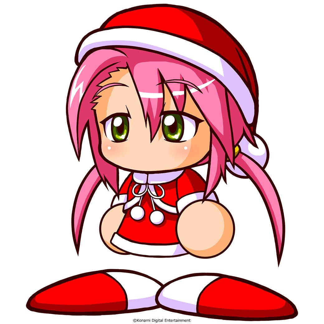 kawahoshi homura, jikkyou powerful pro yakyuu, power pro appli, artist request, official art, 1girl, capelet, copyright notice, dress, fur-trimmed capelet, fur-trimmed dress, fur-trimmed headwear, fur trim, green eyes, hat, jikkyou powerful pro yakyuu (style), long hair, low twintails, multicolored shoes, no mouth, pink hair, rayman limbs, red capelet, red dress, red hat, red shoes, santa costume, santa hat, shoes, solo, twintails, two-tone shoes, white background, white shoes