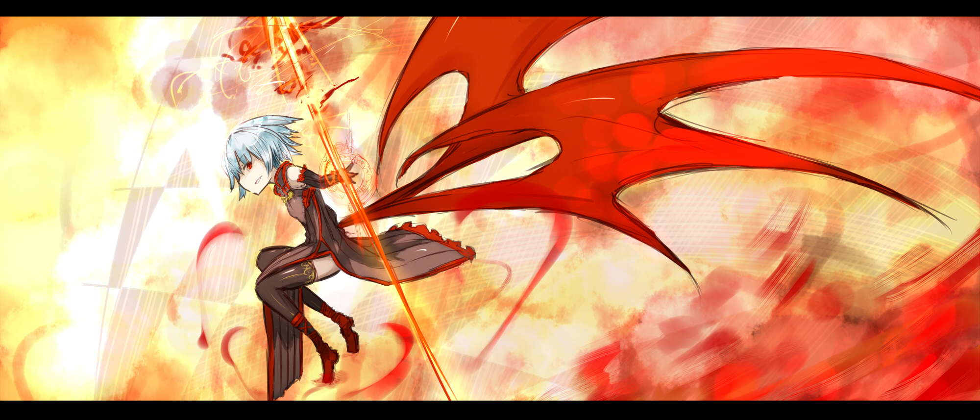 ganesagi, remilia scarlet, touhou, bad id, bad pixiv id, highres, 1girl, alternate costume, bat wings, blue hair, china dress, chinese clothes, dress, female focus, letterboxed, low wings, polearm, red eyes, short hair, solo, spear, spear the gungnir, thighhighs, weapon, wings