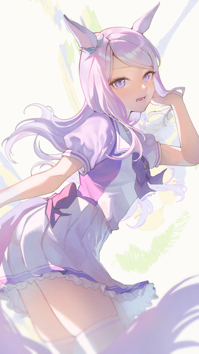 meiko (puua), mejiro mcqueen (umamusume), umamusume, highres, 1girl, animal ears, aqua bow, blush, bow, bowtie, breasts, ear bow, ear ribbon, horse ears, horse girl, horse tail, long hair, looking at viewer, open mouth, pleated skirt, puffy short sleeves, puffy sleeves, purple bow, purple bowtie, purple eyes, purple hair, purple shirt, sailor collar, sailor shirt, school uniform, shirt, short sleeves, skirt, solo, tail, teeth, thighhighs, tracen school uniform, white sailor collar, white skirt, white thighhighs