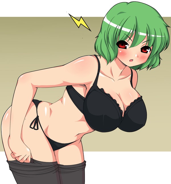 kyokutou hentai samurai, kazami yuuka, touhou, bad id, bad pixiv id, 1girl, bent over, black bra, blush, bra, breasts, clothes pull, curvy, dressing, female focus, green hair, large breasts, lingerie, panties, pantyhose, pantyhose pull, red eyes, short hair, side-tie panties, solo, underwear