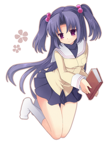 mayachi (amuriya), rate (pixiv), ichinose kotomi, clannad, 00s, 1girl, blue hair, book, female focus, hair bobbles, hair ornament, long hair, purple eyes, school uniform, socks, solo, twintails, two side up