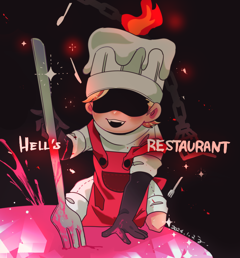uno uno, hell's chef (gregory horror show), gregory horror show, commentary request, 1boy, :3, :d, apron, black background, black gloves, blonde hair, blood, blood splatter, candle, chain, chef, chef hat, dated, elbow gloves, english text, fangs, fire, flat top chef hat, fork, full body, giant fork, gloves, hat, holding, holding fork, male focus, open mouth, pink blood, red apron, simple background, sleeves rolled up, smile, solo, sparkle, stab, wax