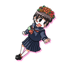 kouji (campus life), uiharu kazari, toaru kagaku no railgun, toaru majutsu no index, lowres, 00s, 1girl, black hair, blush stickers, female focus, full body, head wreath, school uniform, short hair, solo, white background