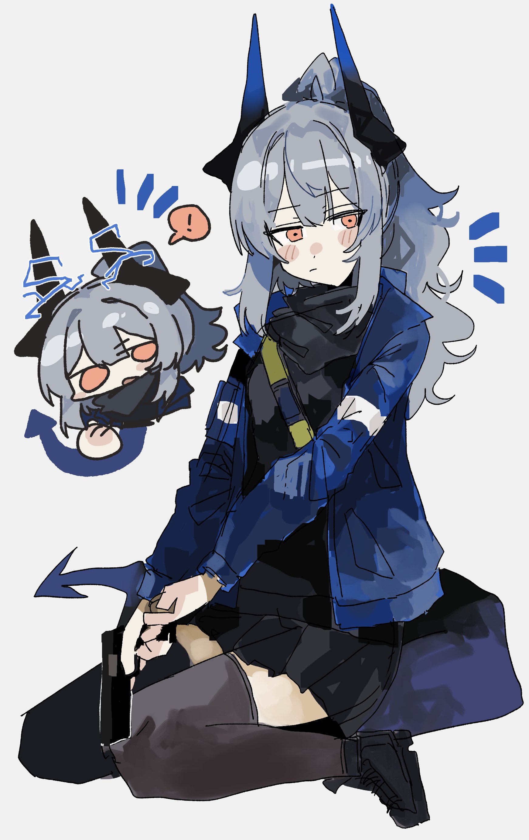 odmised, liskarm (arknights), arknights, absurdres, highres, !, 1girl, :/, black horns, black shirt, black shoes, black skirt, black thighhighs, blue hair, blue horns, blue jacket, blush stickers, chibi, chibi inset, clenched hand, dot nose, double-parted bangs, dragon girl, dragon horns, dragon tail, electricity, electrokinesis, expressionless, glock, gun, handgun, high ponytail, holding, holding gun, holding weapon, horns, jacket, lightning, long hair, long sleeves, miniskirt, multicolored horns, notice lines, open clothes, open jacket, orange eyes, pleated skirt, ponytail, seiza, shirt, shoes, simple background, sitting, skirt, spoken exclamation mark, tail, thighhighs, two-tone horns, weapon, white background, zettai ryouiki