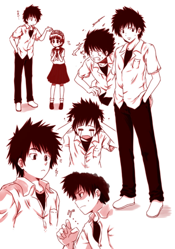 kouji (campus life), kamijou touma, uiharu kazari, toaru kagaku no railgun, toaru majutsu no index, 00s, 1boy, 1girl, blush, flower, head wreath, monochrome, pink theme, red theme, school uniform, serafuku, short hair