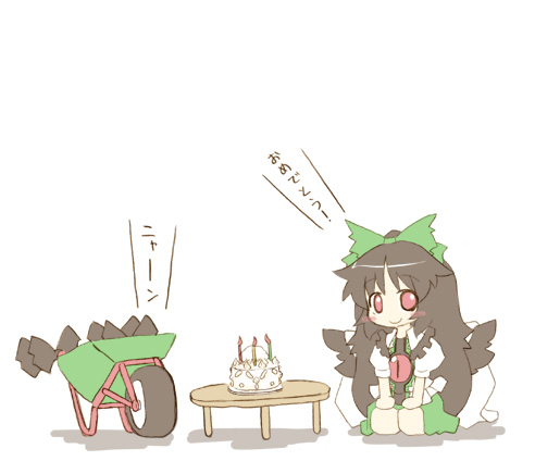 ransa, reiuji utsuho, touhou, lowres, translated, 1girl, black hair, bow, cake, female focus, food, hair bow, long hair, pastry, red eyes, skirt, solo, wheelbarrow, white background