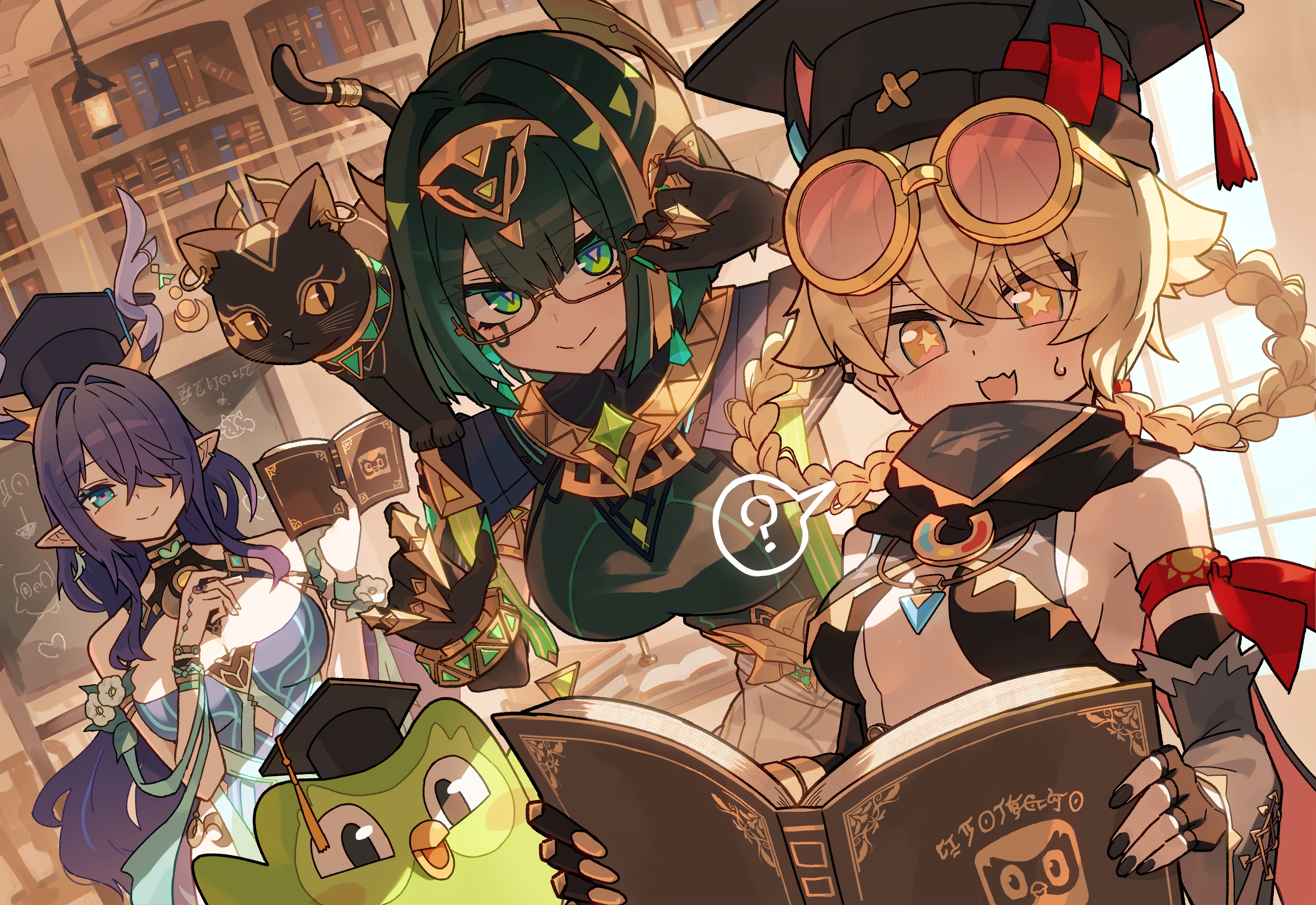 katsu (katsupainter), ashru (genshin impact), duo (duolingo), jahoda (genshin impact), lauma (genshin impact), nefer (genshin impact), duolingo, genshin impact, absurdres, highres, revision, 3girls, animal ear headwear, antlers, aqua dress, armlet, bare shoulders, beanie, belt, black cat, black gloves, black hat, black scarf, blonde hair, blue eyes, book, bracelet, breasts, cat, chest jewel, claw ring, cleavage, deer antlers, deer girl, detached sleeves, dress, earrings, elbow gloves, fake animal ears, fingerless gloves, glasses, gloves, goggles, goggles on head, green eyes, green hair, green shirt, hair over one eye, halterneck, hat, headpiece, horns, jewelry, large breasts, leotard, long hair, looking at viewer, mark under eye, medium breasts, medium hair, multiple girls, neck ring, pendant, pointy ears, prosthesis, prosthetic arm, purple hair, scarf, shirt, sidelocks, skirt, smile, usekh collar, white leotard, white skirt, yellow eyes
