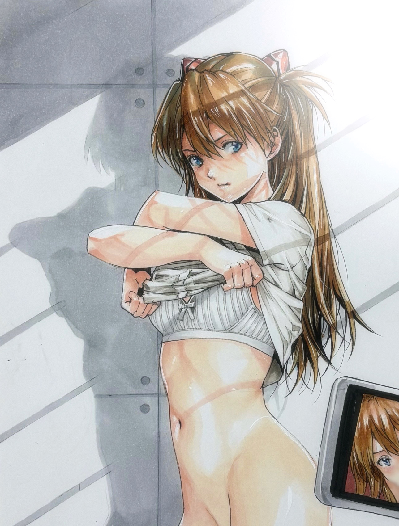 katsu (24791909), souryuu asuka langley, neon genesis evangelion, highres, marker (medium), paid reward available, traditional media, 1girl, blue eyes, bra, breasts, brown hair, cellphone, cellphone photo, closed mouth, clothes lift, dressing, hairpods, indoors, lifting own clothes, long hair, looking at viewer, navel, one side up, phone, recording, shirt, shirt lift, short sleeves, small breasts, smartphone, solo, t-shirt, underwear, white bra, white shirt