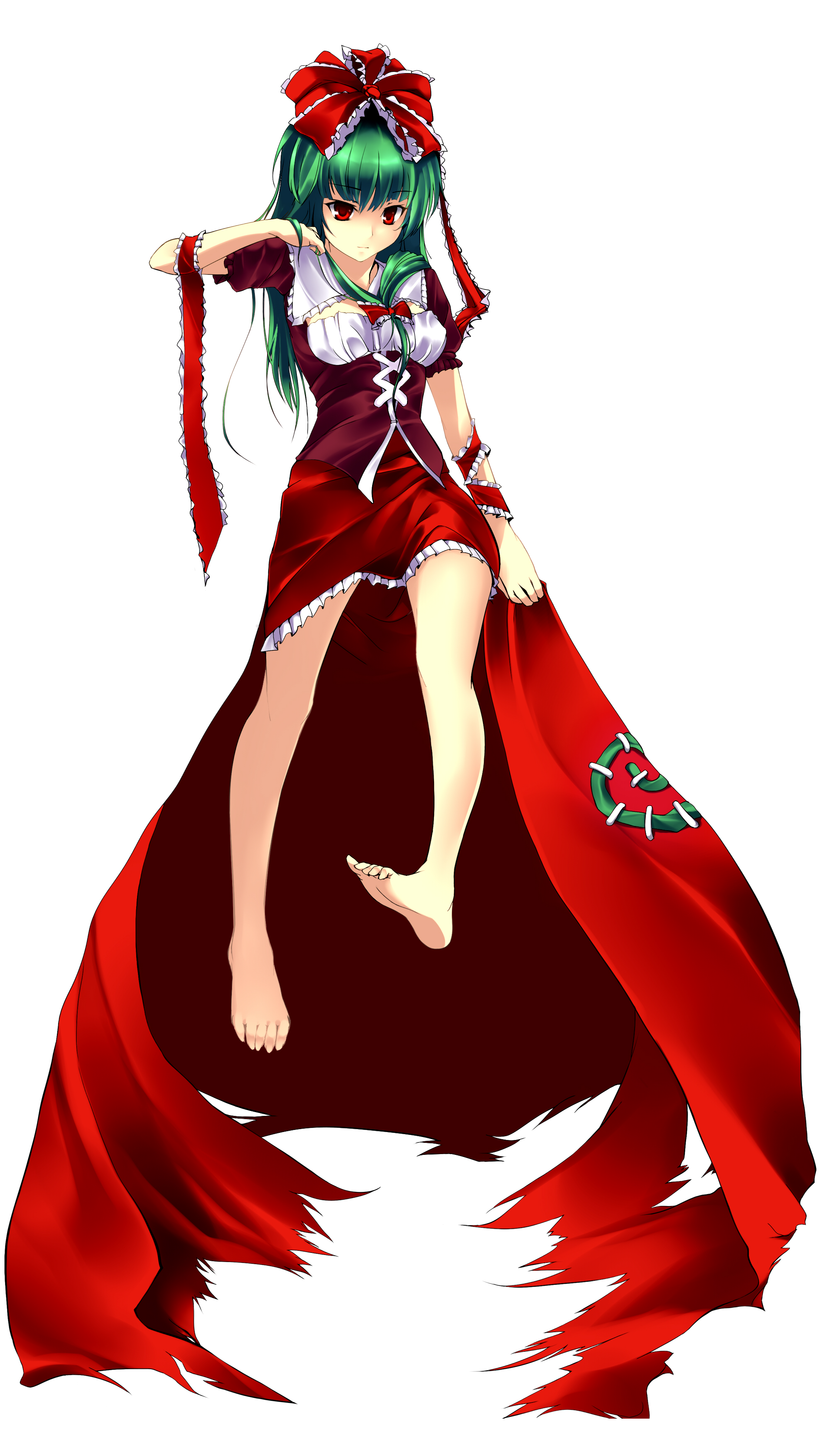 cofepig, kagiyama hina, touhou, absurdres, bad id, bad pixiv id, highres, 1girl, adapted costume, adjusting hair, arm ribbon, barefoot, dress, feet, female focus, floating, front ponytail, full body, green hair, hair ribbon, legs, long hair, red dress, red eyes, red skirt, ribbon, short hair, simple background, skirt, solo, wrist ribbon