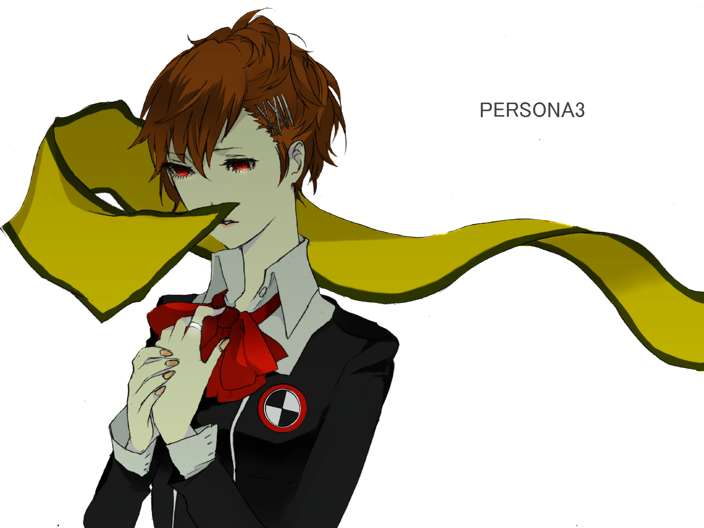 shirano, mochizuki ryouji, shiomi kotone, atlus, persona, persona 3, persona 3 portable, bad id, bad pixiv id, 1girl, bow, brown hair, female focus, hair ornament, hairclip, jewelry, red eyes, ring, scarf, school uniform, short hair, solo