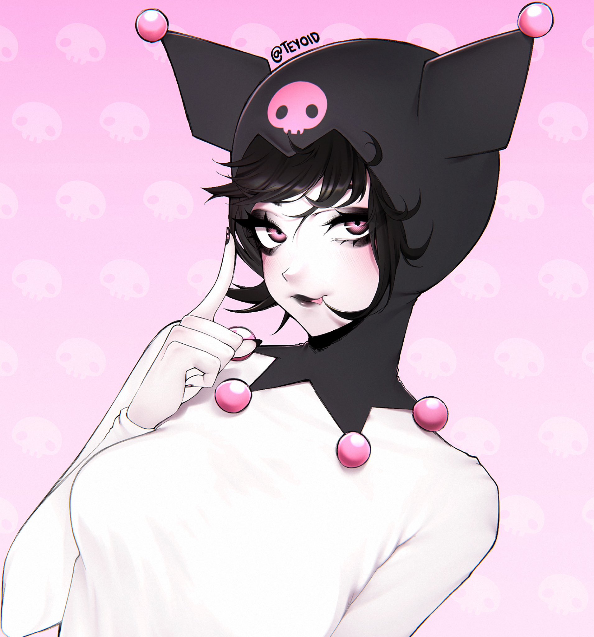 teyoid, kuromi, onegai my melody, sanrio, commentary, highres, 1girl, black hair, black hood, black lips, bodysuit, breasts, closed mouth, hair between eyes, hood, hood up, hooded bodysuit, index finger raised, lips, lipstick, long hair, long sleeves, looking at viewer, makeup, medium breasts, personification, pink background, pink eyes, short hair, smile, solo, swept bangs, tongue, tongue out, upper body, white bodysuit