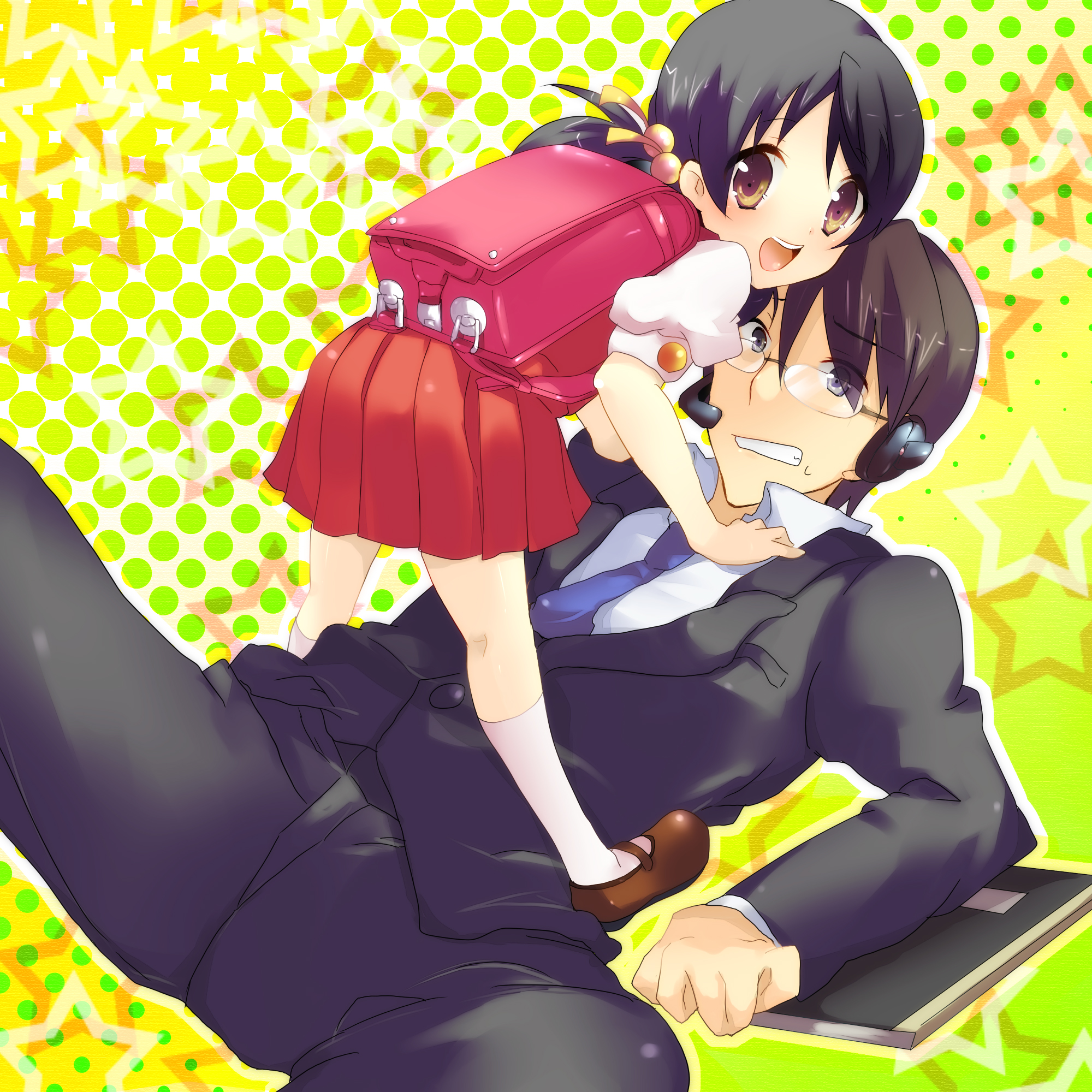 kurohara yuu, hiyama kiyoteru, kaai yuki, vocaloid, highres, 1boy, 1girl, backpack, bag, black eyes, black hair, brown eyes, child, formal clothes, girl on top, glasses, headphones, headset, randoseru, school uniform, short hair, skirt, socks, suit, twintails
