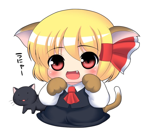 kyokutou hentai samurai, rumia, embodiment of scarlet devil, touhou, bad id, bad pixiv id, 1girl, animal ears, animal hands, blonde hair, cat, cat ears, cat paws, chibi, fang, female focus, full body, red eyes, simple background, sitting, solo, tail, white background