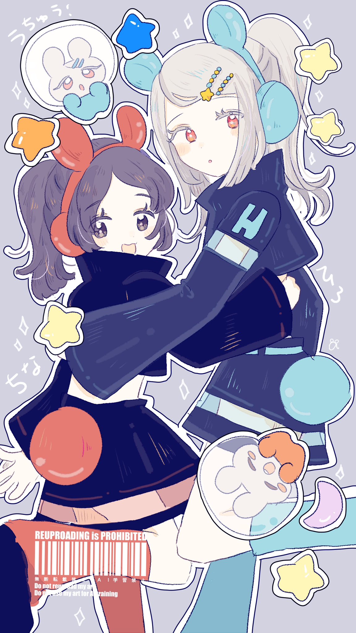 aoshirota, kuramoto china, shinosawa hiro, gakuen idolmaster, idolmaster, commentary, highres, symbol-only commentary, 2girls, :o, animal ears, black hair, black jacket, black shoes, black skirt, blue socks, blush, brown eyes, chibi, colored eyelashes, cropped jacket, earmuffs, fake animal ears, feet out of frame, grey background, grey hair, hair ornament, hairclip, hug, jacket, kneehighs, long hair, long sleeves, looking at viewer, midriff, miniskirt, mouse ears, multiple girls, open mouth, outline, parted bangs, ponytail, popped collar, red eyes, red socks, shoes, skirt, socks, standing, standing on one leg, star (symbol), swept bangs, watermark, white outline, wide sleeves