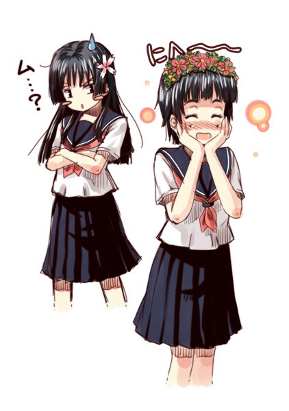 kouji (campus life), saten ruiko, uiharu kazari, toaru kagaku no railgun, toaru majutsu no index, 00s, black hair, blush, blush stickers, flower, head wreath, long hair, school uniform, serafuku, short hair, skirt