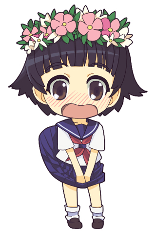 torosalmon, uiharu kazari, toaru kagaku no railgun, toaru majutsu no index, bad id, bad pixiv id, lowres, 00s, 1girl, black hair, blush, chibi, clothes lift, female focus, flower, full body, head wreath, school uniform, serafuku, short hair, simple background, skirt, skirt lift, solo, white background