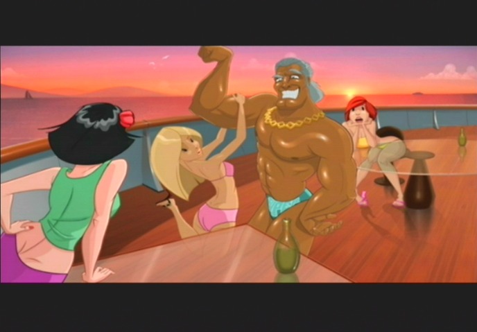 super macho man, nintendo, punch-out!!, super punch-out!!, 1boy, 3girls, aqua male swimwear, aqua swim briefs, arm support, bare shoulders, bikini, black hair, blonde hair, blurry, boat, bottle, breasts, cloud, dawn, dimples of venus, flexing, green shirt, grin, jewelry, knees together feet apart, long hair, male swimwear, midriff, multiple girls, muscular, muscular male, necklace, ocean, outdoors, parted bangs, pink bikini, red hair, shirt, short hair, sitting, sky, sleeveless, sleeveless shirt, small breasts, smile, sunset, swim briefs, swimsuit, table, tan, watercraft, white hair