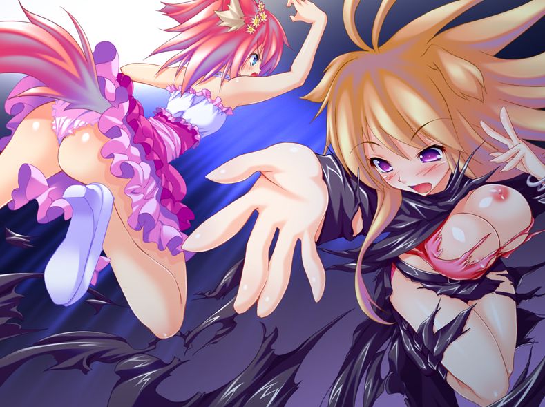 game cg, 2girls, action, animal ears, blonde hair, fighting, fox, multiple girls, purple hair