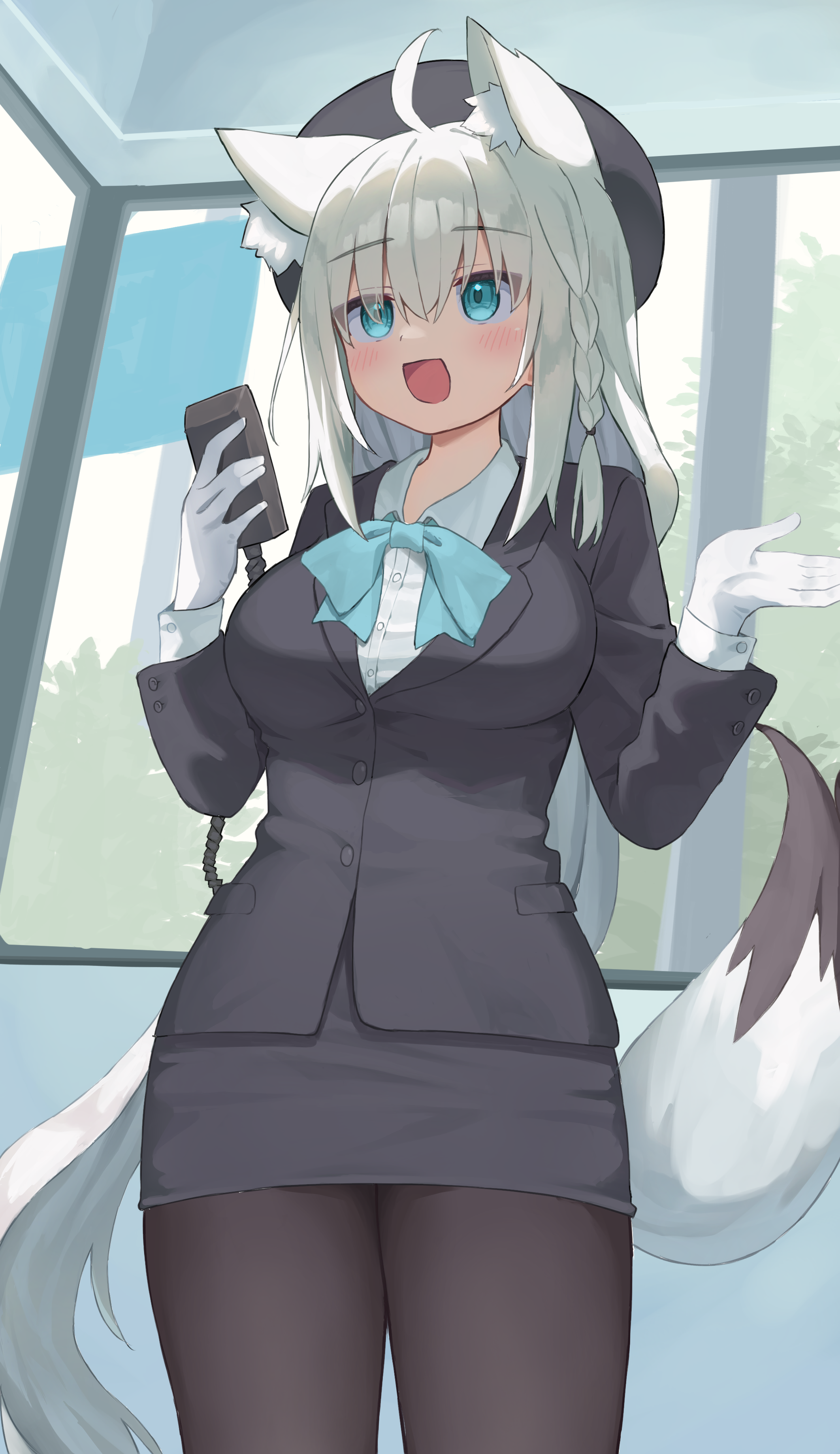 kajitsu no hito, shirakami fubuki, hololive, absurdres, highres, revision, 1girl, ahoge, animal ears, aqua bow, aqua eyes, black hat, black jacket, black pantyhose, black skirt, blush, bow, braid, breasts, collared shirt, fox ears, fox girl, gloves, hat, holding, jacket, large breasts, long sleeves, looking at viewer, open mouth, pantyhose, pencil skirt, shirt, side braid, skirt, smile, solo, tour guide, virtual youtuber, white gloves, white hair, white shirt