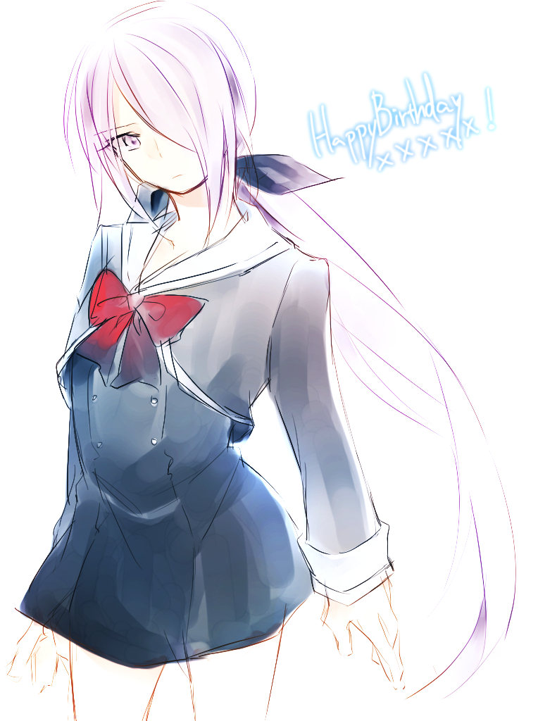 201 (yield), minamisawa senri, chaos;child, science adventure, 1girl, bow, chest bow, cowboy shot, hair over one eye, happy birthday, head tilt, hekiho academy school uniform, long hair, long sleeves, looking at viewer, miniskirt, pink hair, red bow, sailor collar, school uniform, simple background, skirt, solo, standing, thighs, twintails, white background, white sailor collar