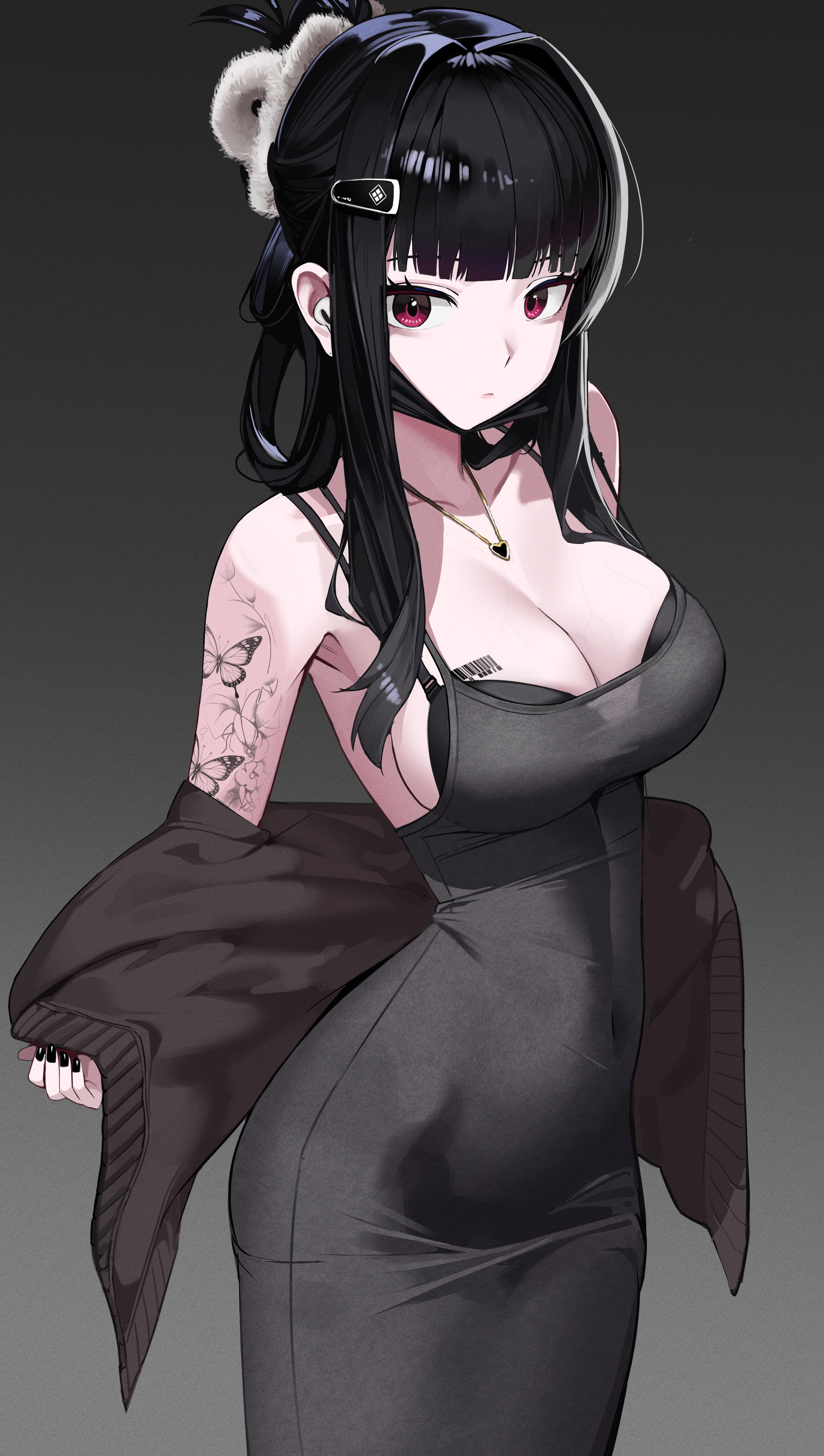 seueo, d (killer wife) (nikke), d (nikke), goddess of victory: nikke, absurdres, highres, 1girl, arm tattoo, barcode, barcode tattoo, bare shoulders, black bra, black hair, black mask, black nails, blunt bangs, bra, bra peek, breast tattoo, breasts, brown jacket, butterfly tattoo, cleavage, closed mouth, clothes down, collarbone, covered navel, cowboy shot, dongtan dress, dress, earbuds, earphones, fingernails, folded ponytail, gradient background, grey background, grey dress, hair ornament, hair rings, hairclip, heart, heart necklace, jacket, jewelry, large breasts, long hair, looking at viewer, mask, mask pull, mouth mask, nail polish, necklace, official alternate costume, open clothes, open jacket, pencil dress, pendant, pink eyes, sidelocks, solo, spaghetti strap, standing, tattoo, tight clothes, tight dress, underwear, undressing, very long hair, wireless earphones
