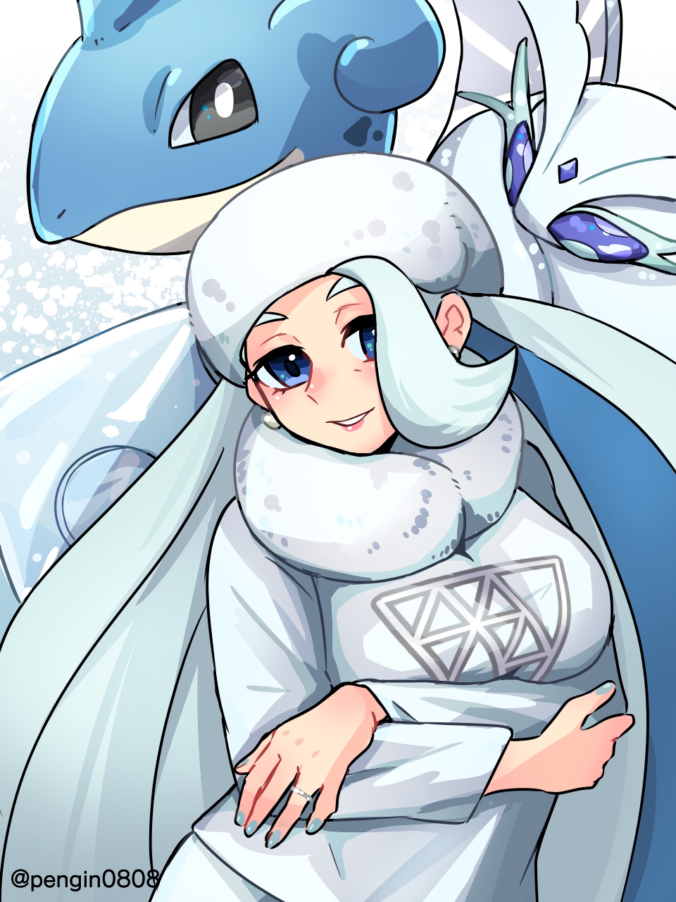 pengin0808, frosmoth, lapras, melony (pokemon), nintendo, pokemon, pokemon swsh, highres, 1girl, arms under breasts, artist name, blue eyes, breasts, bug, earrings, fur collar, fur hat, gen 1 pokemon, gen 8 pokemon, grin, hat, horns, insect, jewelry, large breasts, long hair, long neck, long sleeves, mature female, moth, multicolored hair, pearl earrings, plump, pokemon (creature), ring, shorts, side slit, side slit shorts, single horn, smile, streaked hair, sweater, twitter username, upper body, ushanka, wedding ring, white hat, white sweater
