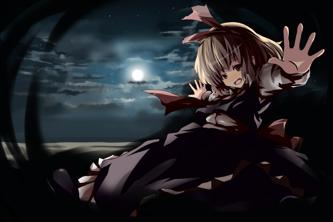 kara kasa, karakasa (murakumo koushou), rumia, embodiment of scarlet devil, touhou, 1girl, blonde hair, darkness, female focus, full moon, hair ribbon, moon, necktie, night, outstretched arms, red eyes, ribbon, short hair, sky, solo, spread arms