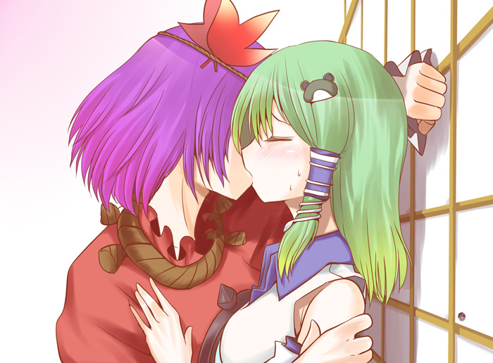 hane (hanegoya), kochiya sanae, yasaka kanako, touhou, 2girls, blush, closed eyes, detached sleeves, female focus, frog, green hair, hair ornament, japanese clothes, kiss, leaf hair ornament, long hair, miko, multiple girls, purple hair, short hair, snake, sweat, yuri