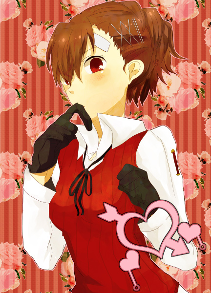 shigure wasa, ws (pixiv), sanada akihiko, shiomi kotone, atlus, persona, persona 3, persona 3 portable, bad id, bad pixiv id, 1girl, bandages, blush, brown hair, cosplay, female focus, gloves, hair ornament, hairclip, red eyes, sanada akihiko (cosplay), school uniform, short hair, solo, vest