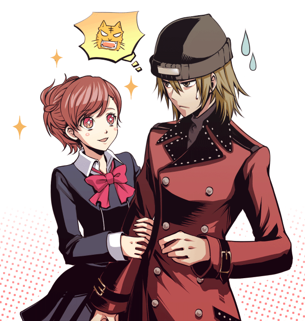 haruta, aragaki shinjirou, shiomi kotone, atlus, persona, persona 3, persona 3 portable, bad id, bad pixiv id, 1boy, 1girl, animal, beanie, bow, brown hair, coat, couple, hat, hetero, school uniform, short hair, smile, sparkle, speech bubble, sweatdrop, thought bubble, trench coat