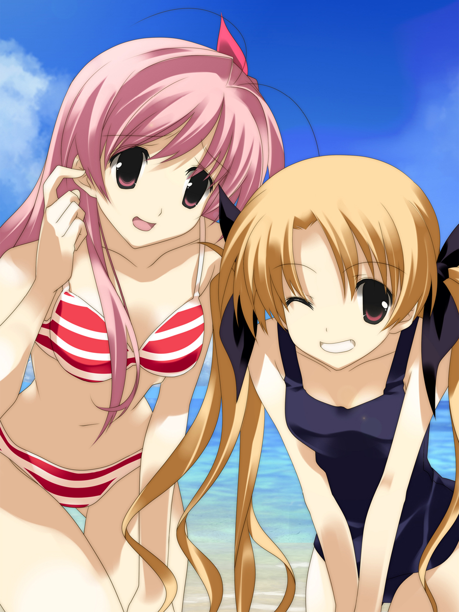 sasaki mutsumi, orihara kozue, sakihata rimi, chaos;head, chaos;head love chu chu!, science adventure, highres, official art, 2girls, antenna hair, beach, bikini, black bow, blonde hair, blue sky, bow, breasts, cleavage, cloud, collarbone, finger to face, gluteal fold, grin, hair between eyes, hair bow, head tilt, leaning forward, long hair, medium breasts, multiple girls, narrow waist, navel, ocean, one-piece swimsuit, one eye closed, outdoors, pink eyes, pink hair, purple one-piece swimsuit, red bow, red eyes, side ponytail, sky, small breasts, smile, striped bikini, striped clothes, summer, swimsuit, thick thighs, thighs, twintails, v arms, very long hair, water