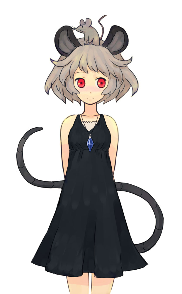 jean (jean sp), nazrin, touhou, 1girl, alternate costume, animal ears, cowboy shot, dress, female focus, grey hair, jewelry, mouse (animal), mouse ears, mouse tail, object on head, pendant, red eyes, simple background, solo, tail, white background