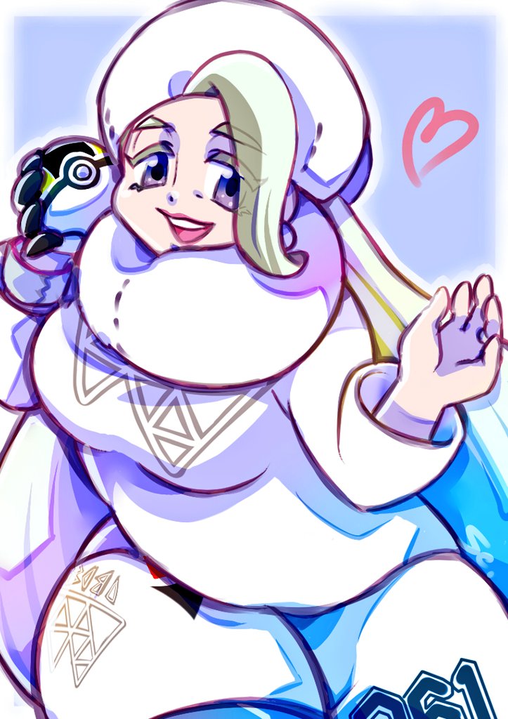 melony (pokemon), nintendo, pokemon, pokemon swsh, 1girl, blue eyes, breasts, dynamax band, earrings, fur collar, fur hat, gloves, hat, heart, holding, holding poke ball, jewelry, large breasts, long hair, long sleeves, mature female, multicolored hair, open mouth, pantyhose, pantyhose under shorts, pearl earrings, plump, poke ball, ring, sachi ohg123, shorts, side slit, side slit shorts, single glove, smile, solo, streaked hair, sweater, teeth, ultra ball, upper body, upper teeth only, ushanka, wedding ring, white hat, white sweater