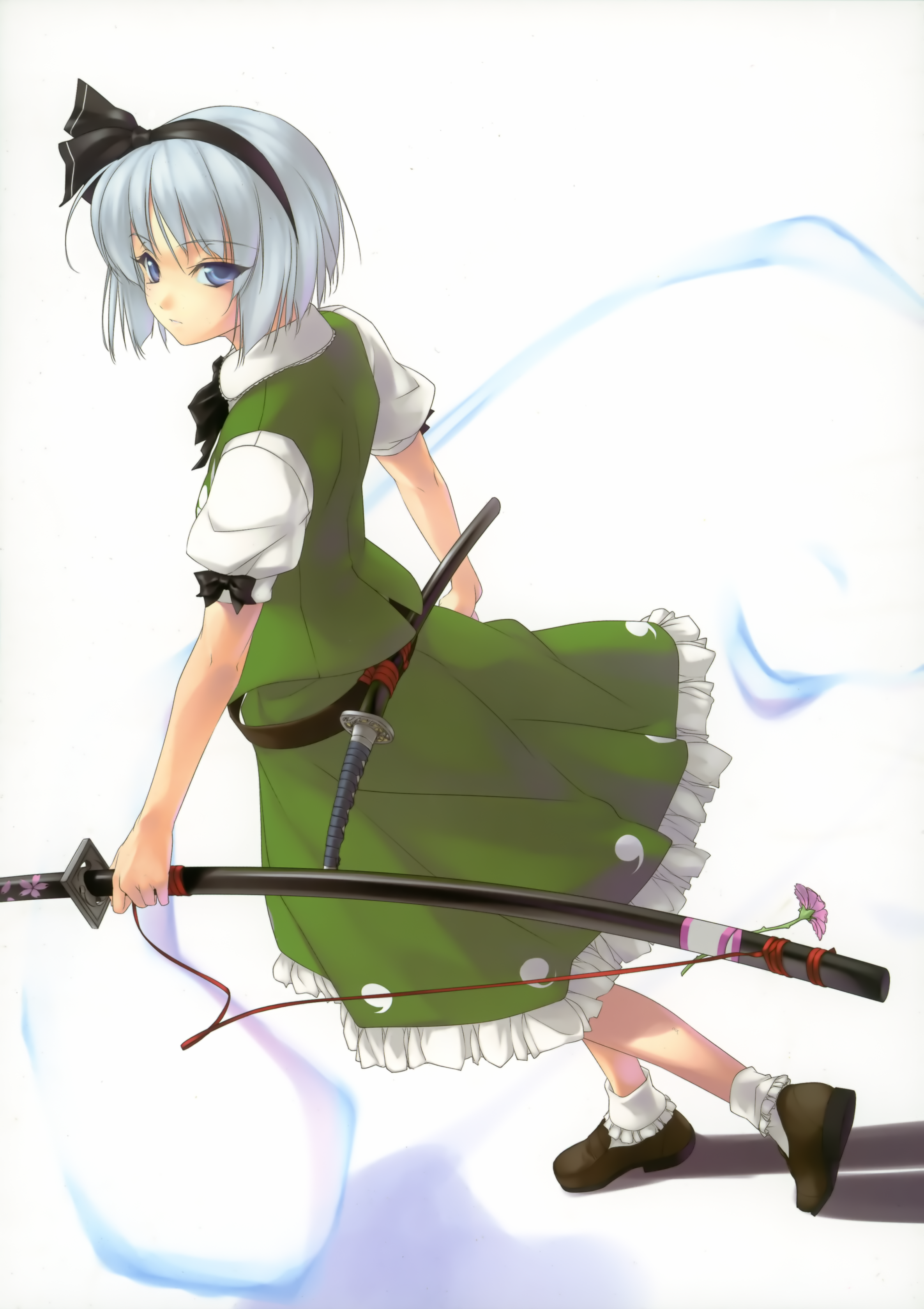 rokuwata tomoe, konpaku youmu, konpaku youmu (ghost), touhou, silver hair, absurdres, highres, 1girl, blue eyes, bobby socks, female focus, full body, ghost, hairband, katana, loafers, shoes, short hair, socks, solo, sword, weapon, white background
