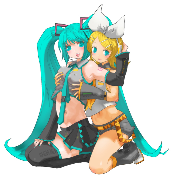 appleghost, yurizuka (sergeant heart), hatsune miku, kagamine rin, vocaloid, 2girls, blonde hair, blue eyes, blue hair, bow, detached sleeves, groping, hair bow, long hair, multiple girls, navel, skirt, thighhighs, twintails, very long hair, yuri