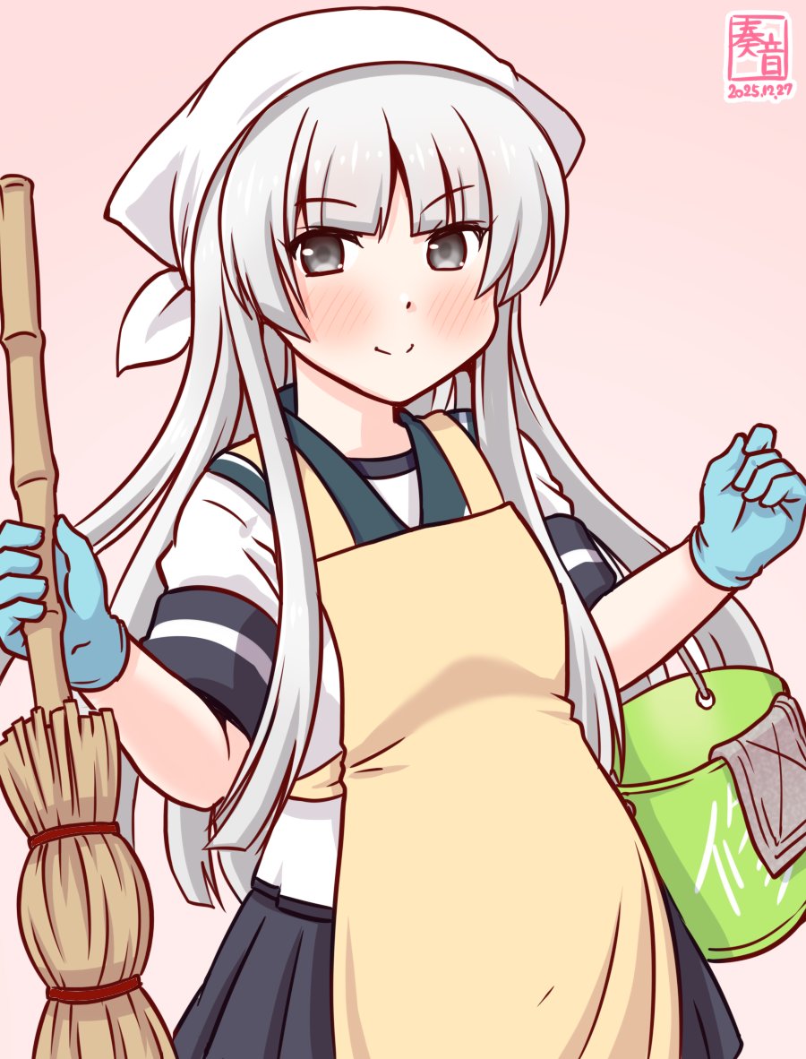 kanon (kurogane knights), shirakumo (kancolle), kantai collection, 1girl, bandana, blue gloves, blue sailor collar, blue skirt, broom, bucket, gloves, gradient background, grey eyes, one-hour drawing challenge, pink background, pleated skirt, repair bucket, rubber gloves, sailor collar, sailor shirt, school uniform, serafuku, shirt, skirt, solo, white bandana, white hair