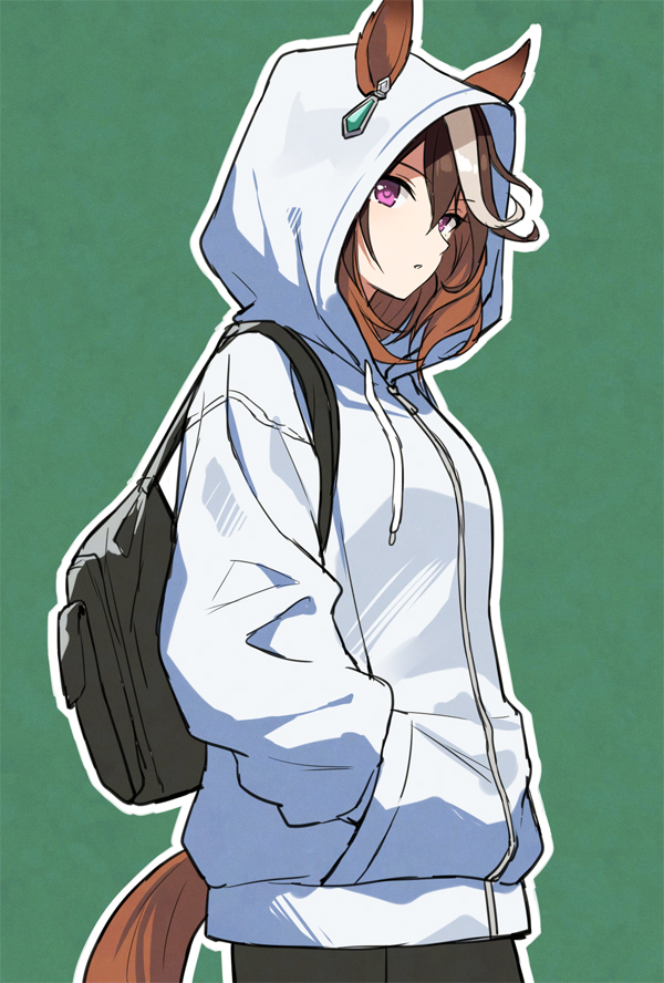 mauve, symboli rudolf (umamusume), umamusume, 1girl, alternate costume, animal ears, animal hood, backpack, bag, black bag, brown hair, brown tail, ears through hood, hands in pockets, hood, hooded jacket, horse ears, horse girl, horse tail, jacket, long hair, long sleeves, looking at viewer, multicolored hair, outline, puffy long sleeves, puffy sleeves, simple background, solo, streaked hair, tail, white hair, white jacket, white outline, white streaks