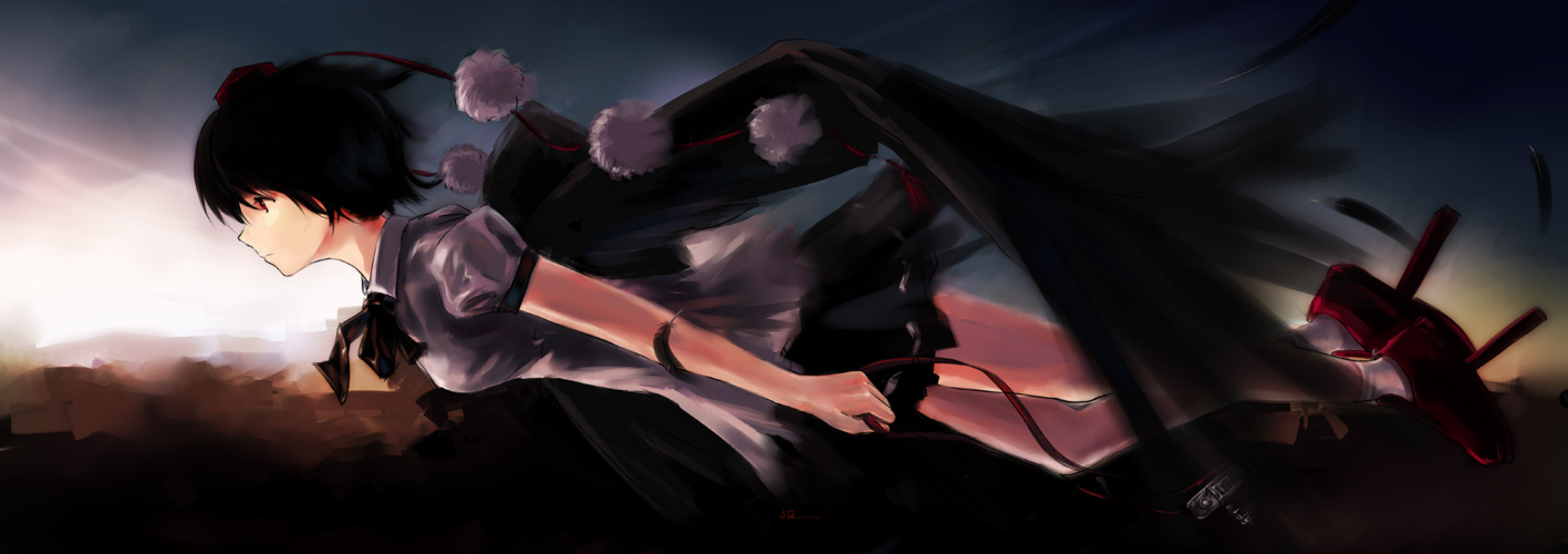 jq3c273, shameimaru aya, touhou, looking away, 1girl, black hair, black wings, expressionless, female focus, geta, hat, red eyes, short hair, skirt, solo, tengu-geta, tokin hat, wings