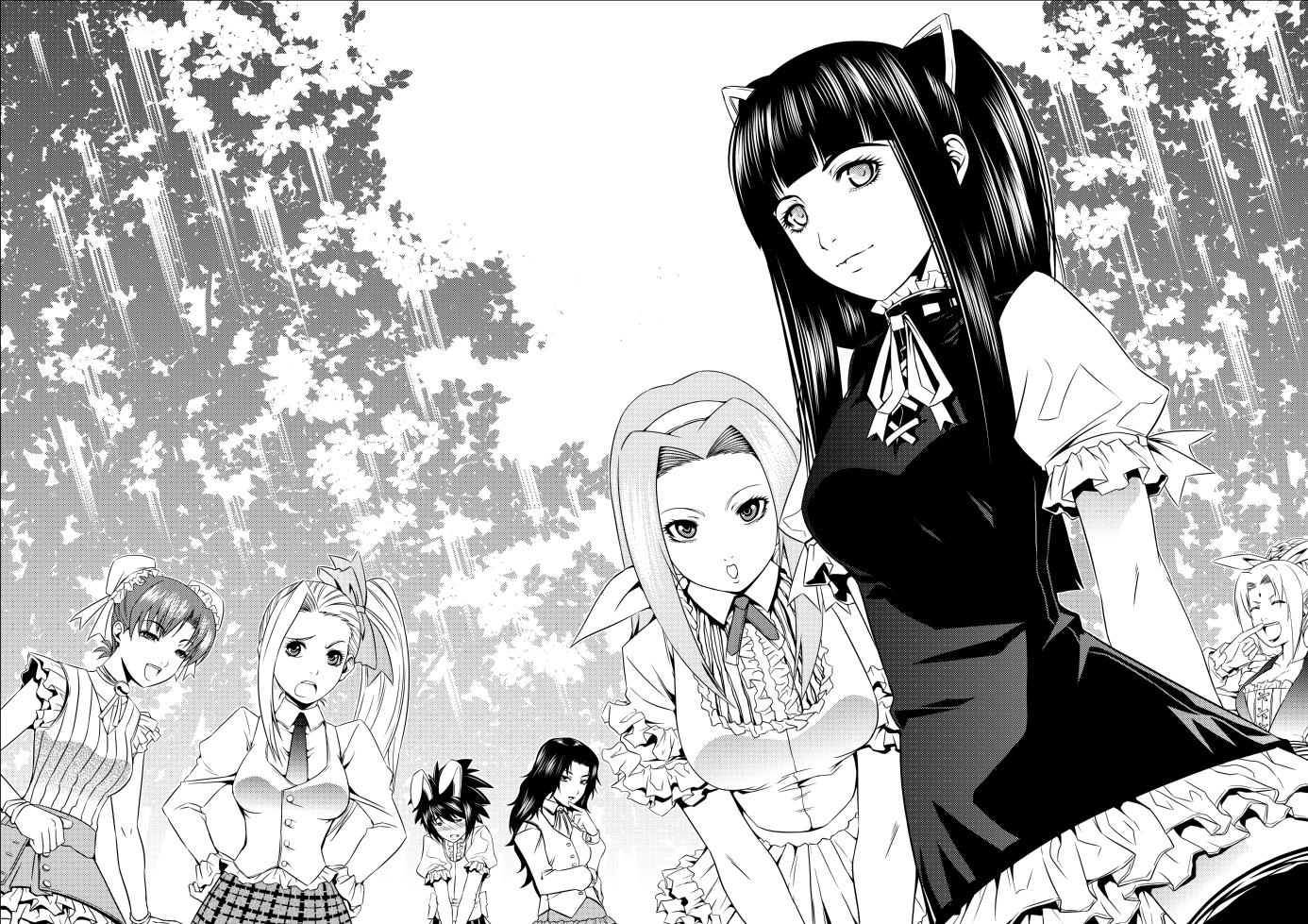 comipa, haruno sakura, hyuuga hinata, mitarashi anko, tenten (naruto), tsunade (naruto), yamanaka ino, yuuhi kurenai, naruto (classic), naruto (series), 6+girls, alternate costume, animal ears, blush, contemporary, female focus, formal clothes, greyscale, monochrome, multiple girls, outdoors, rabbit ears, school uniform, standing