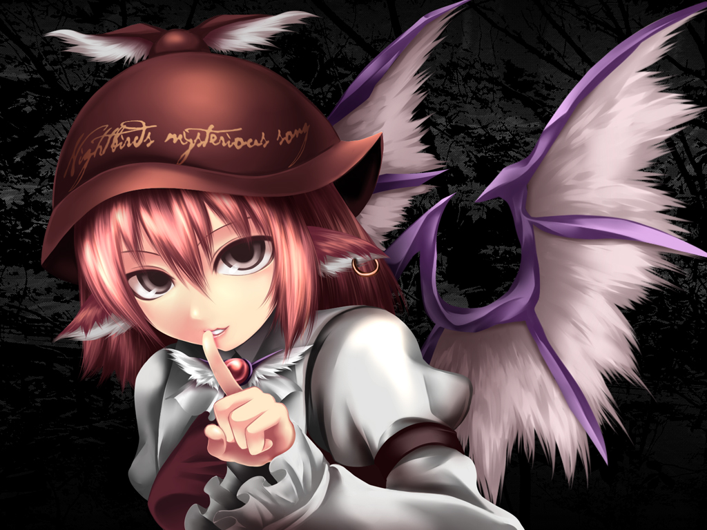 tamajam, mystia lorelei, touhou, 1girl, animal ears, earrings, female focus, finger to mouth, grey eyes, hat, jewelry, pink hair, short hair, solo, wings
