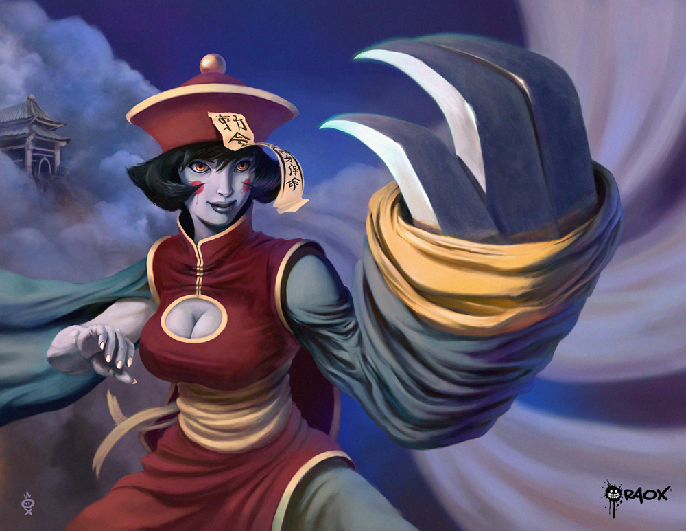 chamba, raoxcrew, hsien-ko, capcom, darkstalkers, 1girl, black hair, blue skin, breasts, cleavage, cleavage cutout, clothing cutout, colored skin, female focus, hat, jiangshi, large breasts, ofuda, orange eyes, outdoors, sky, solo