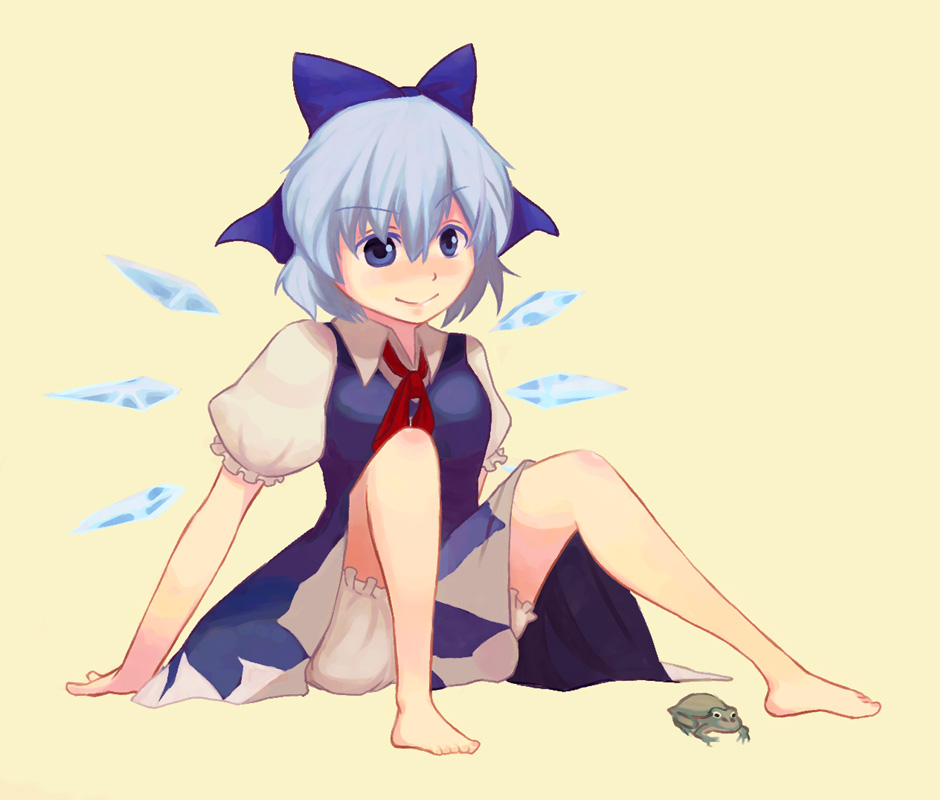 jean (jean sp), cirno, embodiment of scarlet devil, touhou, 1girl, arm support, barefoot, bloomers, blue eyes, blue hair, bow, feet, female focus, frog, hair bow, matching hair/eyes, sitting, solo, underwear, wings