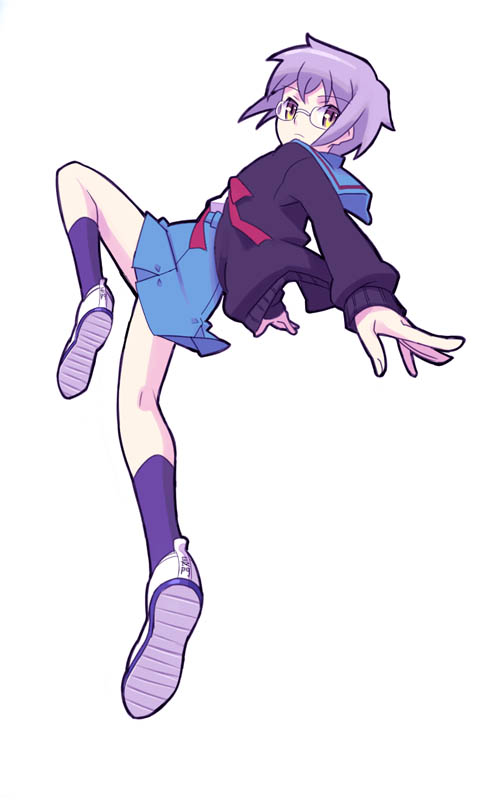 jean (jean sp), nagato yuki, suzumiya haruhi no yuuutsu, 00s, 1girl, blue skirt, cardigan, expressionless, female focus, from behind, glasses, grey hair, jumping, kita high school uniform, knee up, kneepits, long sleeves, looking at viewer, midair, red ribbon, ribbon, sailor collar, school uniform, serafuku, shoes, simple background, skirt, socks, solo, white background, yellow eyes