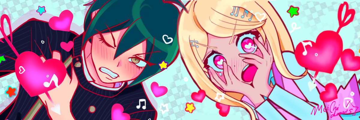 mei (meichidraws), akamatsu kaede, saihara shuichi, danganronpa (series), danganronpa v3: killing harmony, 1980s (style), twitter banner, 1boy, 1girl, angry, blonde hair, blue background, blue hair, fortissimo, green eyes, hair ornament, hands on own chest, hands on own face, heart, heart-shaped pupils, hetero, musical note, musical note hair ornament, oldschool, pink eyes, pink sweater vest, retro artstyle, scissors, star (sky), sweater vest, symbol-shaped pupils